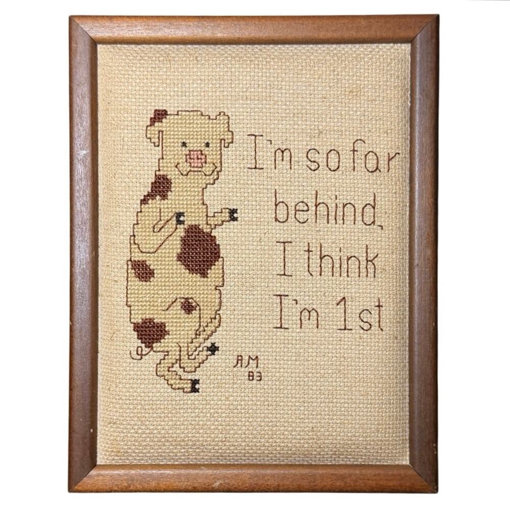 Vintage 1983 Completed Framed Pig Cross Stitch Im So Far Behind I Think Im First